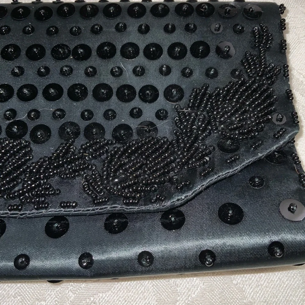 Vtg 1950’s Walborg Black Beaded Fold Over Envelope Clutch Formal Evening Event